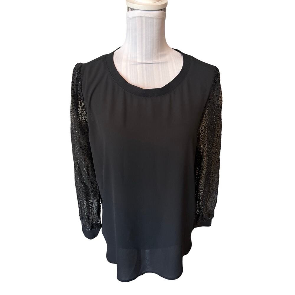 LOFT Black Blouse Long-Sleeve Sheer Gold Beaded Sleeves Size L